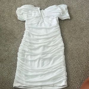 White tight mini dress, off the shoulder